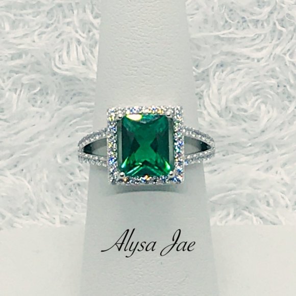 Sterling Silver/Rhodium Emerald Halo Ring, 7 - Picture 1 of 11